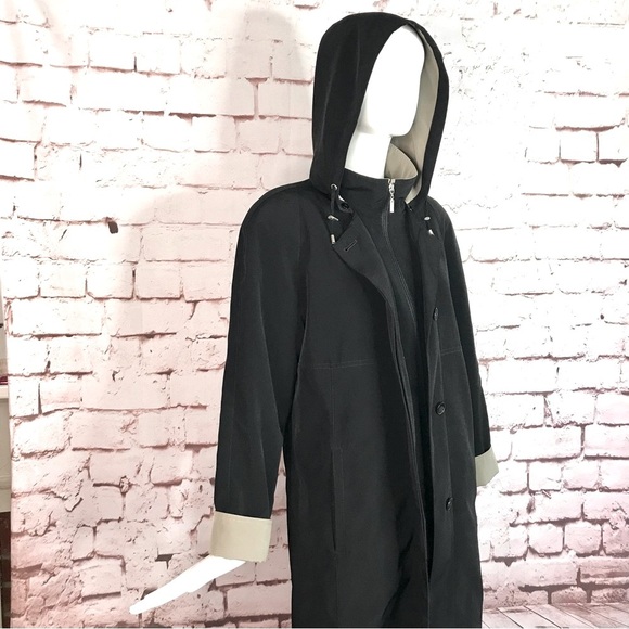 GALLERY Black & Taupe Trench Coat Raincoat detach Hood Size Medium 37” Length - Picture 2 of 16